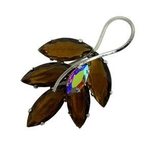 Vintage MCM Silver Tone Brown Glass & Aurora Borealis Rhinestone Brooch